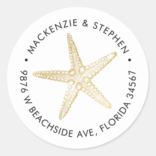 Return Address Modern Gold Starfish Beach Wedding  Classic Round Sticker