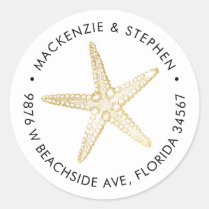 Return Address Modern Gold Starfish Beach Wedding Classic Round Sticker