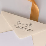 Return Address Modern Minimal Script Couples Names Rubber Stamp<br><div class="desc">A simple return address stamp in a modern minimalist design style. Informal handwriting script with elegant sans-serif typography in classic capital letters. Perfect for a couple, but the text can easily be personalized for families or individuals, too! Save time planning events (weddings, save-the-dates, bridal showers, baby showers, parties, etc) or...</div>