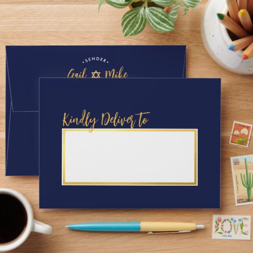 RETURN ADDRESS modern stylish navy blue gold Envelope