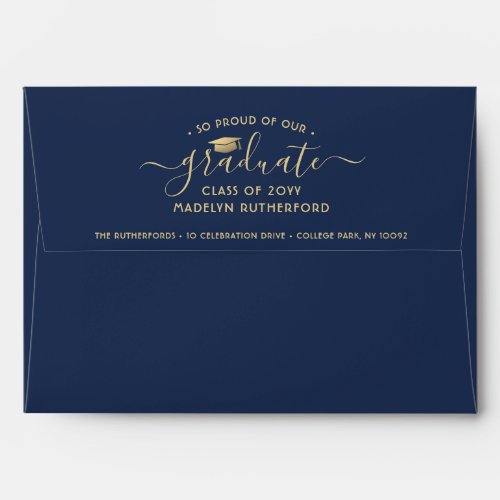 Return Address Navy Blue Gold Faux Foil Graduation Envelope