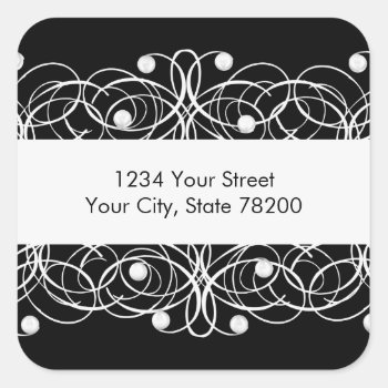 Return Address Pearls And Lace Black Square Sticker by TailoredType at Zazzle