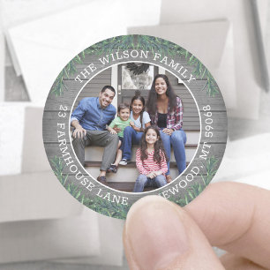 Return Address & Photo Christmas Greenery & Wood Classic Round Sticker