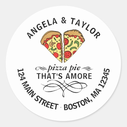 Return Address Pizza Love Couple Custom Names Classic Round Sticker