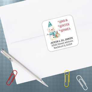 Return Address Snowman Warm Winter Wishes Square Sticker