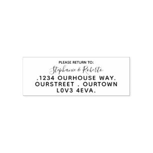 Return address stamp, name and address. self-inking stamp
