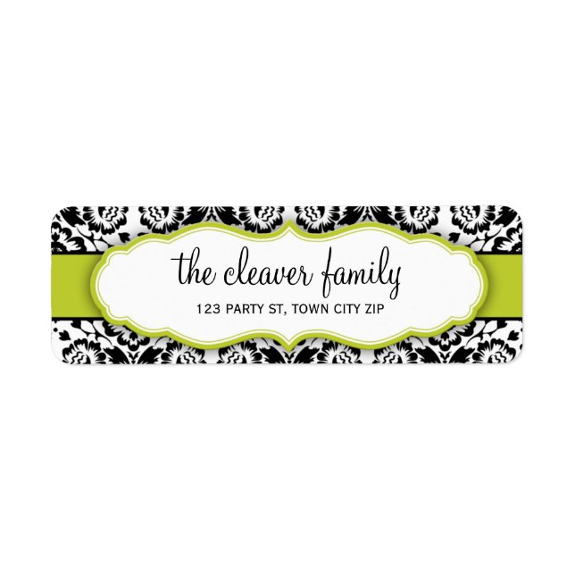 RETURN ADDRESS stylish damask black bright green Label (Front)