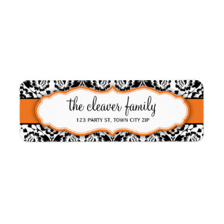 RETURN ADDRESS stylish damask black bright orange Label