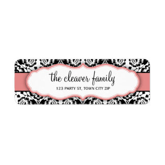 RETURN ADDRESS stylish damask black coral pink Label