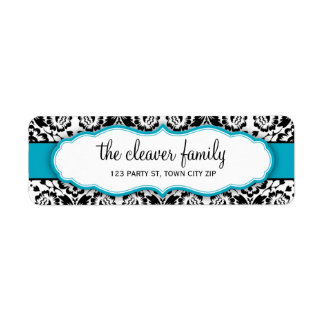 RETURN ADDRESS stylish damask black turquoise blue Label