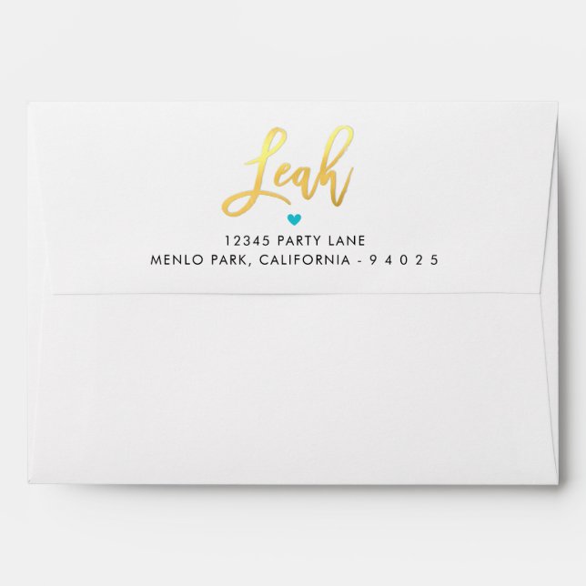 RETURN ADDRESS turquoise blue gold script LEAH Envelope (Back (Top Flap))