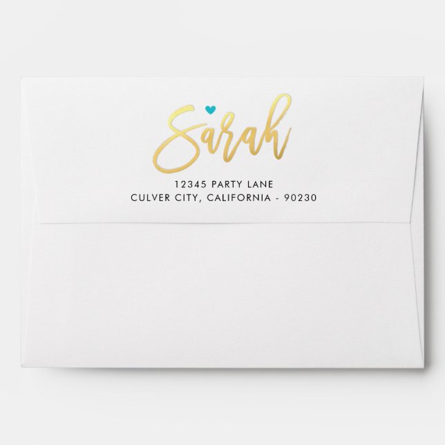 RETURN ADDRESS turquoise blue gold script SARAH Envelope (Back (Top Flap))