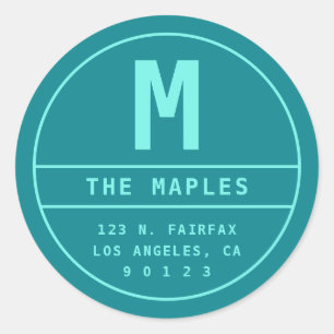 Return Address with Monogram Teal & Turquoise Classic Round Sticker