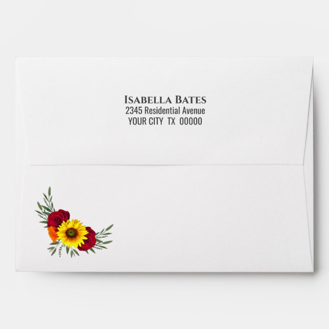 Return Addressed Sunflower Rose Invitation Envelope (Back (Top Flap))