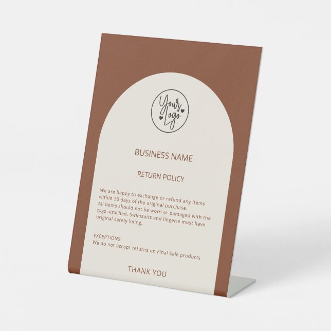  Return Policy Boutique Modern Earth Tones Arch Pedestal Sign (Front)
