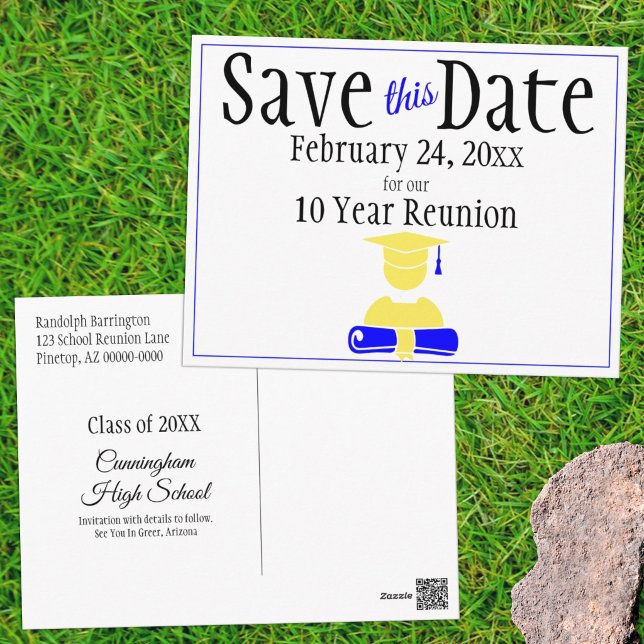 Reunion Class Save The Date Minimalist Blue Yellow Postcard