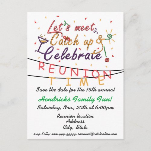 Reunion design for families school mates peers announcement postcard