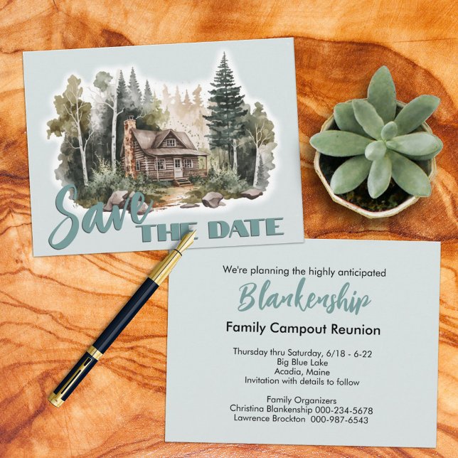 Reunion Gathering Rustic Cabin Announcement  Postcard (This cabin artwork family reunion designed SAVE THE DATE announcement also serves as an invitation. )