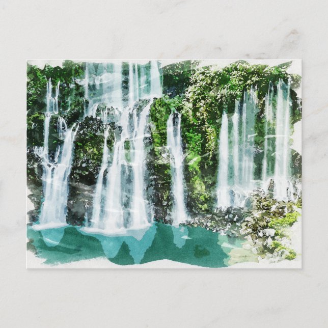Reunion Island Tropical Waterfalls Watercolor Art Postcard (Front)