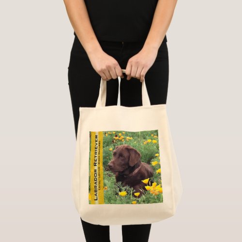Reusable Chocolate Lab in California Poppy Patch Tote Bag