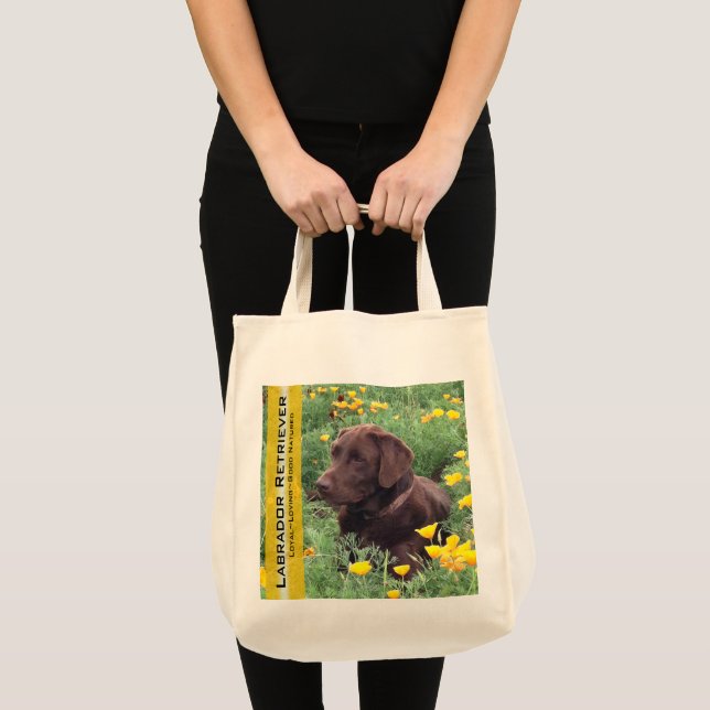 Reusable Chocolate Lab in California Poppy Patch Tote Bag (Front (Product))