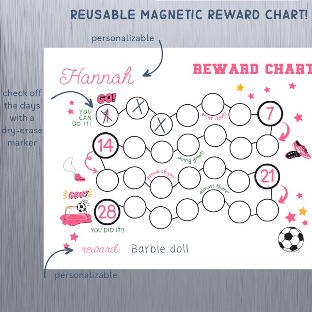 Reusable Girl's Soccer Reward Chart Chore Chart Magnetic Dry Erase Sheet (Girls reward chart in girl soccer theme. Reward charts are a perfect way to encourage new habits and)