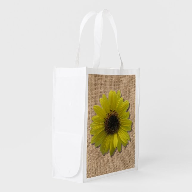 Reusable Grocery Bag - Burlap and Sunflower (Front Side)