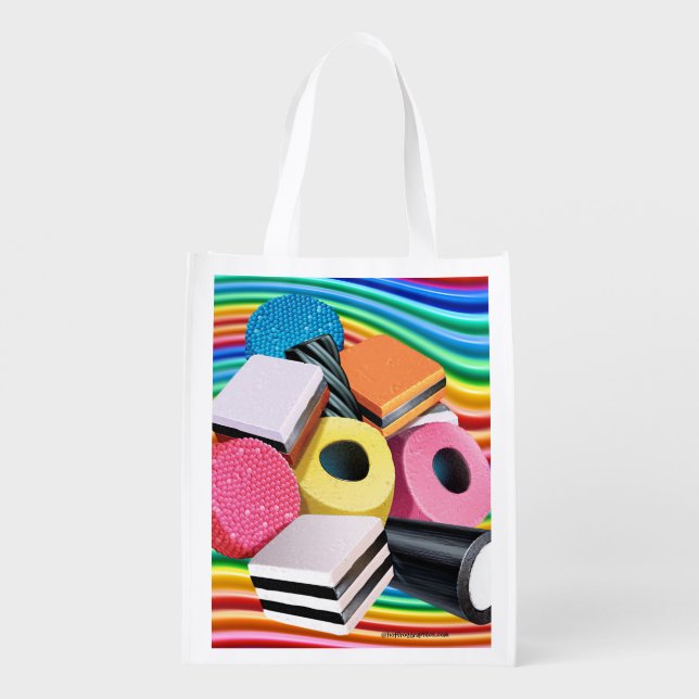 Reusable grocery bag. Candy Allsorts cascade Grocery Bag (Back)