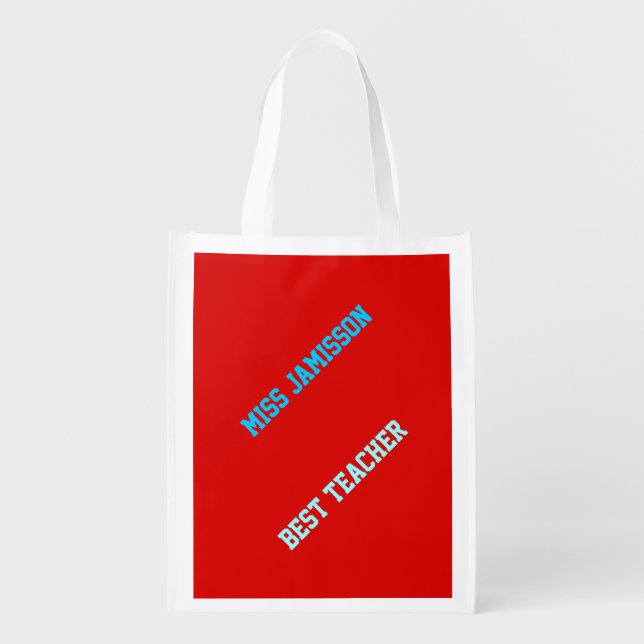 Reusable Grocery Bag, Red, Blue Best Teacher Name Bag (Front)