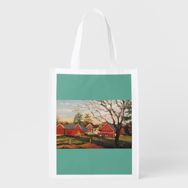 Reusable grocery bag with red barn cluster (Front)