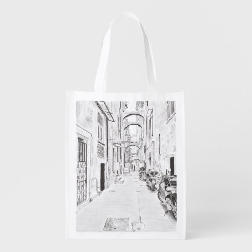 Reusable grocery bags narrow Italian street