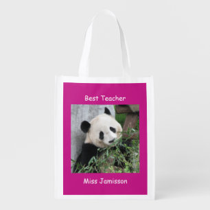 Reusable Hot Pink Giant Panda Teacher Name Reusable Grocery Bag