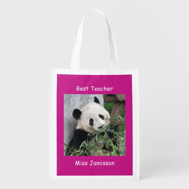 Reusable Hot Pink Giant Panda Teacher Name Reusable Grocery Bag (Front)