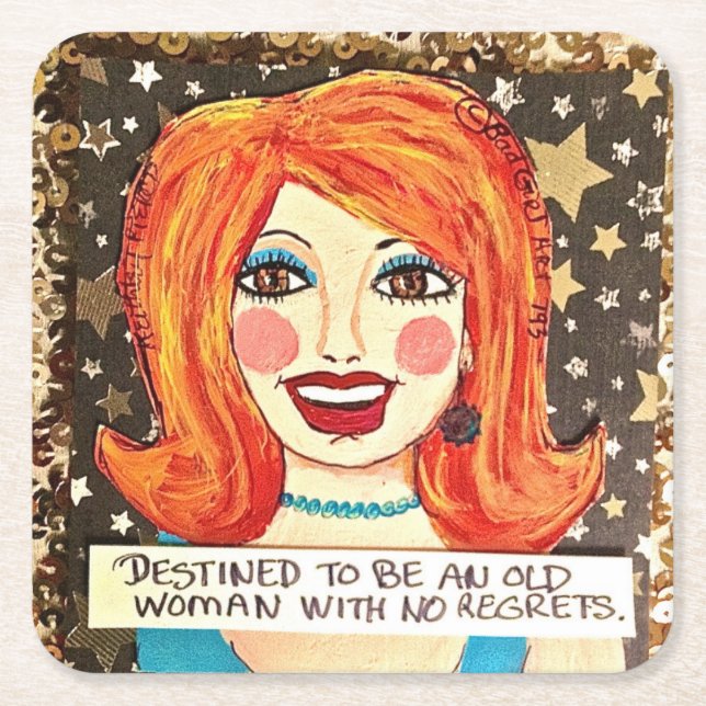 Reusable paper coasters-destined to be an old woma square paper coaster (Front)