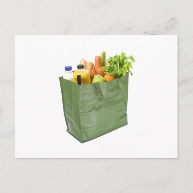 Reusable shopping bag full of groceries postcard (Front)