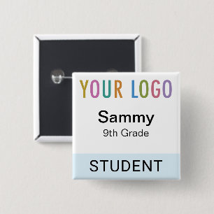 Reusable Student Name Tag School Logo Light Blue Button