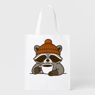 Reusable Tote Bag with Cute Raccoon Holding Coffee