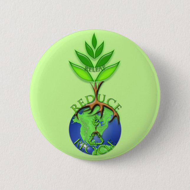 Reuse Reduce Recycle Tree Earth Globe Button (Front)