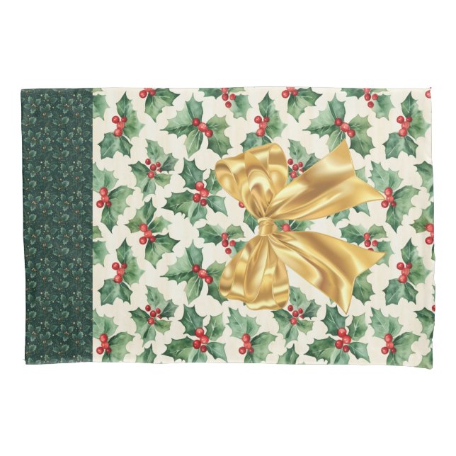 Reuseable Christmas Gift Wrap - Bag Green Holly  Pillow Case (Front)