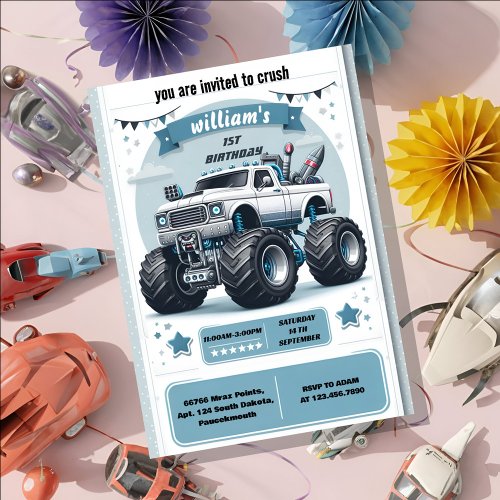 Rev kids boy cars cool monster truck 1st birthday invitation