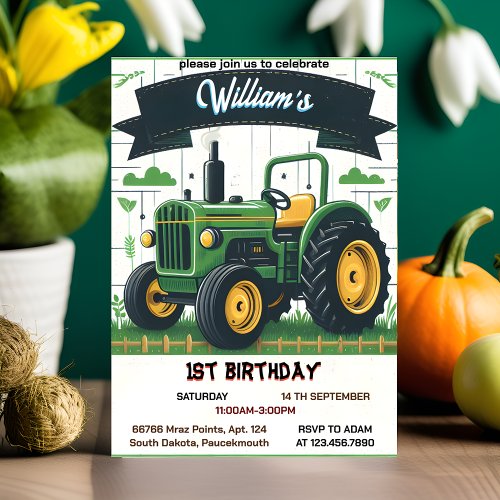 Rev kids retro boy cool tractor first 1st birthday invitation