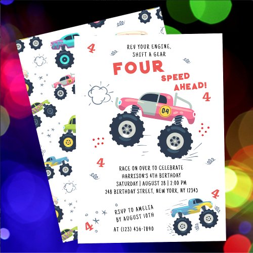 Rev Your Engine 4th Birthday Monster Car Trucks Invitation