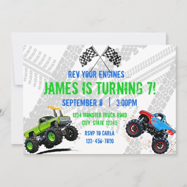 Rev Your Engines Monster Truck Birthday Invitation (Front)