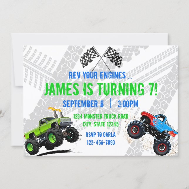Rev Your Engines Monster Truck Birthday Invitation (Front)