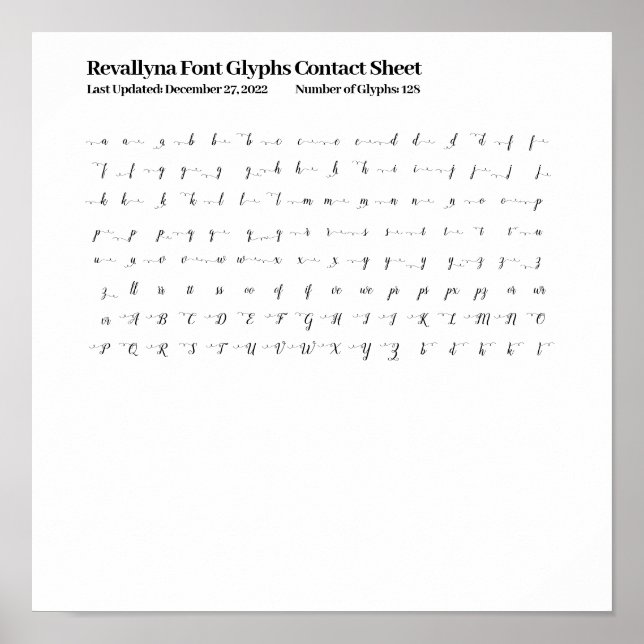 Revallyna Script Font Glyphs Contact Sheet Poster (Front)