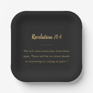 Revelation 21:4 Scripture Gold Script Black Paper Plates