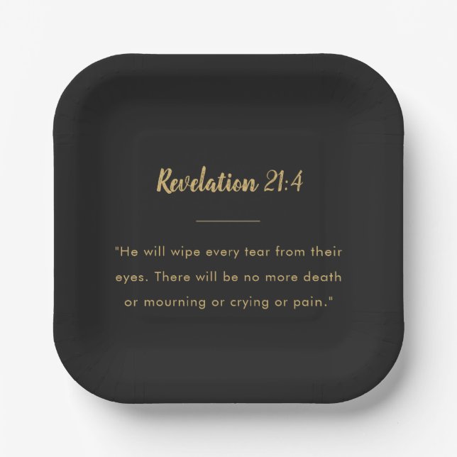 Revelation 21:4 Scripture Gold Script Black Paper  Plates (Front)