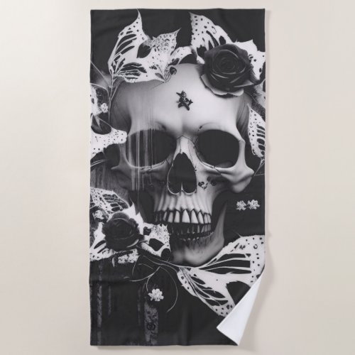 Revenants Embrace Black and White Graphic Skull  Beach Towel