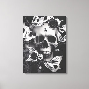 Revenant's Embrace: Black and White Graphic Skull  Canvas Print