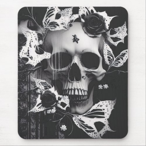 Revenants Embrace Black and White Graphic Skull  Mouse Pad